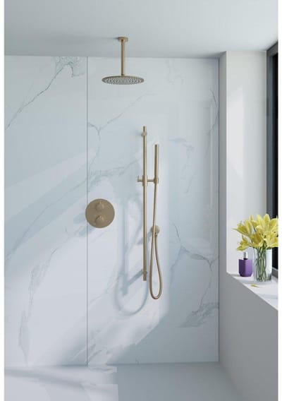 FugaFlow Eccelente Acces Inbouw Regendoucheset - rond - thermostatisch - wandarm - glijstang - 25cm hoofddouche - staaf handdouche - gladde slang - Geborsteld Messing PVD (Goud)