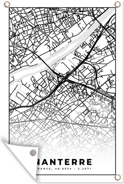 Muurdecoratie Plattegrond - Nanterre - Kaart - Frankrijk - Stadskaart - Zwart wit - 120x180 cm - Tuinposter - Tuindoek