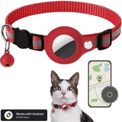 BlueTime ® - Kattenhalsband inclusief Tag - Halsband Kat & Kitten met Kattenbelletje - Gps Tracker Kat zonder Abonnement - Geschikt voor Android Find My Device - Kattenbandje, Poes, Kattenriem air & Tuigje met Houder - Rood
