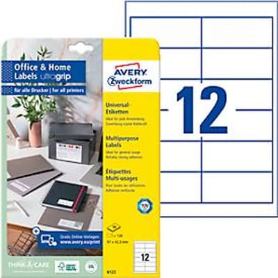 Avery-Zweckform 6123 Universele etiketten 97.3 x 42.3 mm Papier Wit 120 stuk(s) Permanent hechtend Inkjet, Laser (zwart/wit), Laser (kleur), Kopiëren
