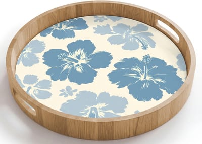 Dienblad rond 40x40 cm - Schootdienblad hout - Hibiscusbloemen - Blauw - Patroon - Tropisch - Borrelplank rechthoek - Plateau houten dienbladen