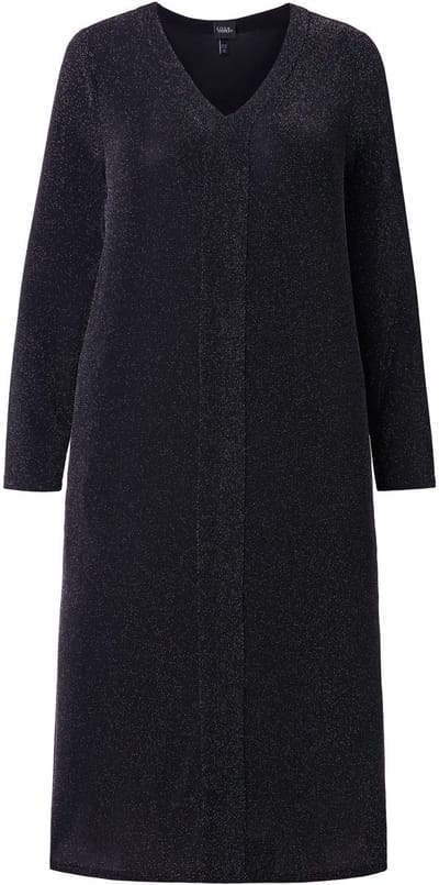 Ulla Popken - Dames - Midi-jurk met glitters A-lijn V-hals lange mouwen - Zwart - Maat 46+