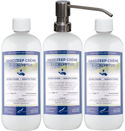 Handzeep Crème Eucalyptus 1 liter - set van 3 stuks - met gratis RVS zilverkleurige pomp - Voordeelverpakking