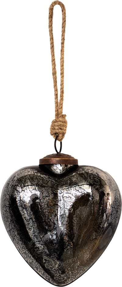 Clayre & Eef Kerstbal 11x5x12 cm Zwart Glas Hartvormig Kerstdecoratie