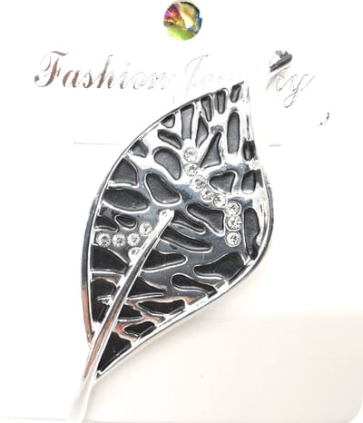 Magneet - broche - Design blad - Donkergrijs met zilver en wit strass - L 66 mm - voor - omslagdoek - sjaal - vest te sluiten.