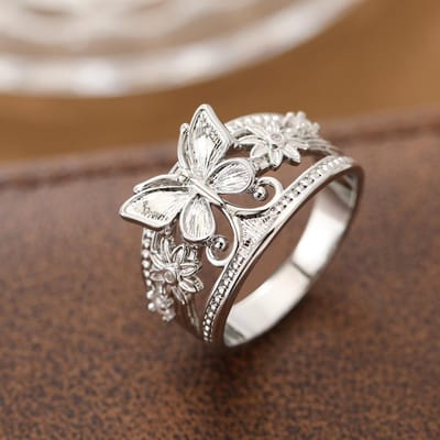 Bague créative luxueuse vintage papillon fleur matériau cuivre dame à la mode anneau individuel accessoire bijoux cadeau 7 white