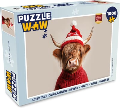 Puzzel Schotse Hooglander - Kerst - Muts - Trui - Winter - Legpuzzel - Puzzel 1000 stukjes volwassenen - Kerstpuzzel - Kerstpuzzels - Kerst - Cadeau - Kerstcadeau voor mannen, vrouwen en kinderen