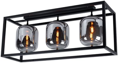Plafondlamp glazen lamp 3 vlammen glazen kap rookkleurige plafondlamp rond zwart woonkamerlamp, metaal glas, zwart, 3x E14, LxH 77x32,5 cm