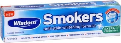 Wisdom Smokers Fluoride Tandpasta 50ml – Verwijdert Rook- & Nicotinevlekken – Whitening Tandpasta voor Wittere Tanden – Bescherming tegen Gaatjes – Frisse Adem – Dagelijkse Mondverzorging
