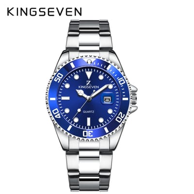 KINGSEVEN Herenhorloge 9619 – Zilverkleurig-Blauw – Quartz – Roestvrij Staal – Vlindersluiting – Datumweergave – Luxe Duikershorloge – Waterbestendig – Stijlvol & Modern Design