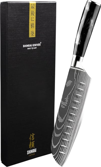 Shinrai Knives - Santokumes 18 cm - Koksmes - Damascus Mes - Damascus Print Onyx Epoxy - Met Luxe Geschenkdoos - Keukenmes - Japans Koksmes