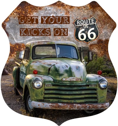 Signs USA - Schild - Green Car Kicks on Route 66 - 39 x 37 cm