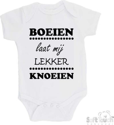 100% katoenen Romper "Boeien laat mij lekker knoeien" Unisex Katoen Wit/zwart Maat 56/62