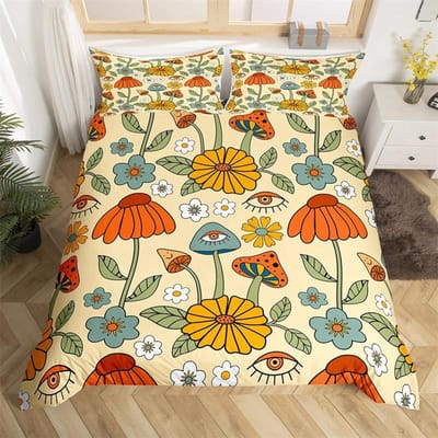 Retro jaren 70 Hippie Stijl Dekbedovertrek Queen Microfiber Psychedelisch Paddenstoelen Beddengoed Set Kamer Decoratie Cadeaus Regenboog Bloemen Dekbedovertrek AU Double(180*210cm)3pcs