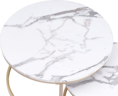 Moderne Salontafel – Koffietafel – Set van 2 – Bijzettafel – Marmer Look – Rond – Luxe Design – Wit/Goud