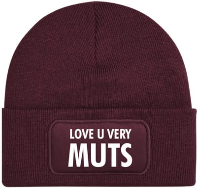 Love u very muts wintermuts burgundy | wit - soBAD. | Wintersport | Après ski verkleedkleren | Unisex | Heren en Dames Beanie