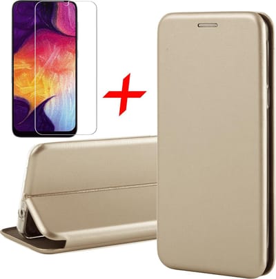Hoesje geschikt voor Samsung Galaxy A50 - Screen Protector GlassGuard - Book Case Kunstleer ThinShield Goud & Screenprotector