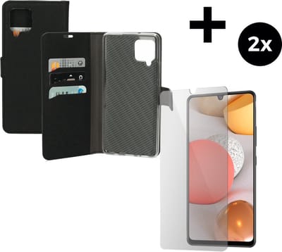 Mobiparts Saffiano Wallet hoesje geschikt voor Samsung Galaxy A42 (2020) 5G met 2 Screenprotectors van Gehard Glas - Zwart