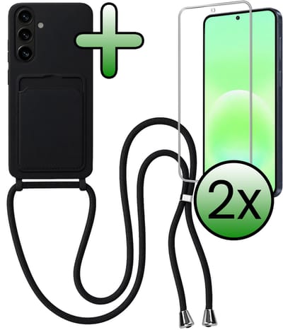 Hoes Geschikt voor Samsung A57 Hoesje Met Koord Met 2x Screenprotector - Telefoonhoesje Geschikt voor Samsung Galaxy A57 Backcover Met Afneembaar Koord - Zwart