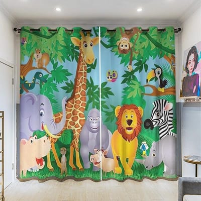 Toilet Keukenruimte Raambekleding Cartoon Leuke Dieren Jungle Feest Kind Raam Raambekleding Gordijnen Woonkamer Binnenkamer Decoratieve Stijl W60H60(CM)x2PCS&HOOK