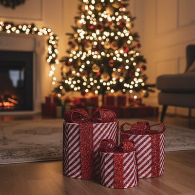 Housevitamin Cadeauset met LED – Set van 3 – Kerst Decoratie – 15/20/25 cm – Warm Licht – Kunststof – Herbruikbaar