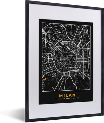 Fotolijst incl. Poster - Kaart - Milaan - Plattegrond - Goud - Stadskaart - 30x40 cm - Posterlijst