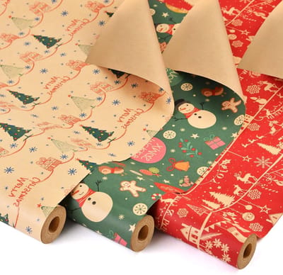 Cadeaupapier voor Kerstmis, 3 rollen van 43 cm x 10 m, natuurlijk kraftpapier voor feestelijke verpakking, kerstcadeaus, verjaardagen en meer (kerstboom/sneeuwman/hert)