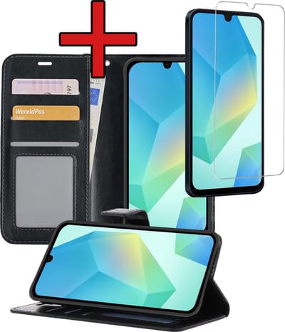 Hoesje - Met Screenprotector - Geschikt voor Samsung Galaxy A16 - Luxe Pasjeshouder - Flipcase - Bookcase Portemonee - Flip Case - Kunstleer Book Case - Book Cover - Walletcase - Portemonneehoes - Telefoonhoes - Zwart
