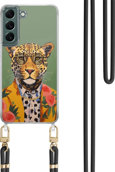 Casimoda® hoesje met koord - Geschikt voor Samsung S22 - Luipaard Hipster - Afneembaar koord - TPU/polycarbonaat - Groen