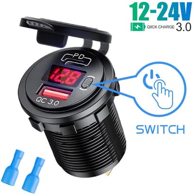 12V/24V autolader met aan/uit-schakelaar, spanningsweergave, 45W PD USB QC 3.0 snellader voor auto, vrachtwagen, boot, camper, motorfiets wtihout wire