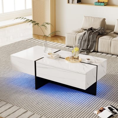 STILVORA Salontafel - Hoogglans Marmerimitatie Met App-Gestuurde LED En 3 Lades Met Geluidsreactie - Spaanplaat - 100x50x34,5 cm - Wit