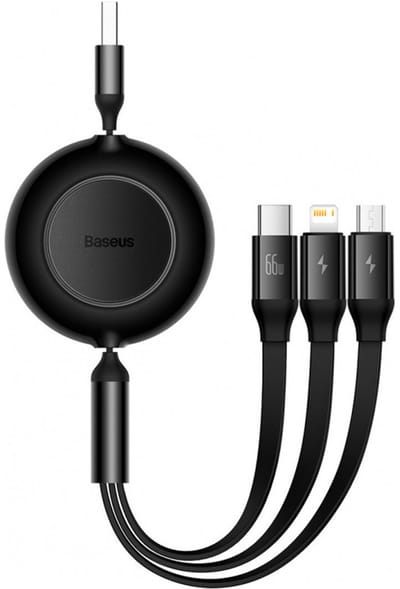 Baseus Bright Mirror 2 Series 3-in-1 oprolbare snellaadkabel - USB-A naar USB-C / geschikt voor Lightning / Micro USB - 66 Watt - Zwart