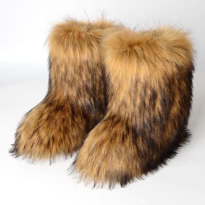 Dames Faux Fur Laarzen Winter Pluizige Pluche Warme Middenkuit Sneeuwlaarzen Luxe Mode Furry Laarzen Comfortabele Outdoor Platte Schoenen 36 beige