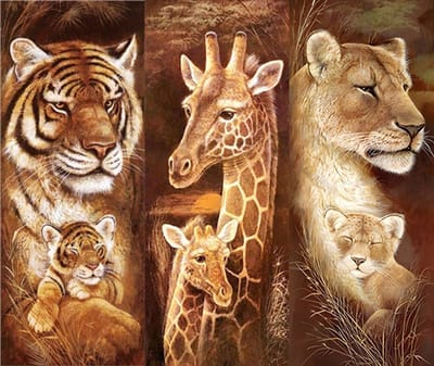 Diamond painting 3 luik - Giraffe, leeuw en tijger - 3x 30x70cm - ronde steentjes - volledig beplakt - Diamond painting by Wietske