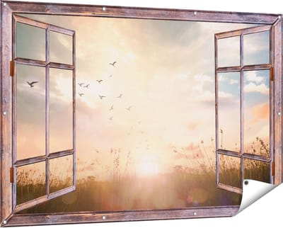 Gards Tuinposter Doorkijk Silhouet Vogels tijdens Zonsopkomst - 150x100 cm - Tuindoek - Tuindecoratie - Wanddecoratie buiten - Tuinschilderij