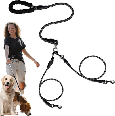 Dubbele Hondenriem - Twee Honden - Wandelen Buiten - Met Schokdemper - Maat M - Zwart