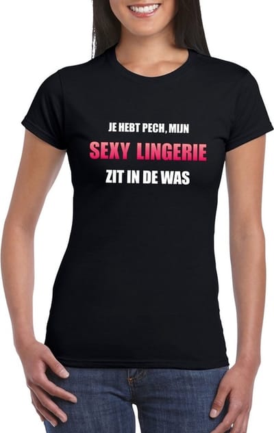Mijn sexy lingerie zit in de was fun t-shirt dames zwart - Carnaval verkleedkleding S
