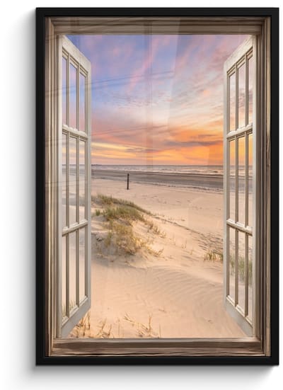 Poster in lijst - Fotolijst 60x90 cm - Posters - Doorkijk - Strand - Duinen - Natuur - Landschap - Posterlijst zwart - Decoratie - Wanddecoratie woonkamer - Muurdecoratie slaapkamer