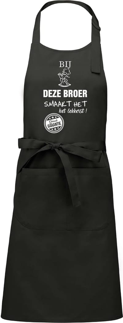Cadeauschort - tekstschort - Keukenschort - BBQ schort - verjaardag - vaderdag - het smaakt het lekkerst bij deze Broer - chique grijs