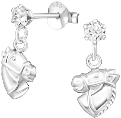 Joy|S - Zilveren paard bedel oorbellen - kristal - paardenhoofd oorknoppen met hanger