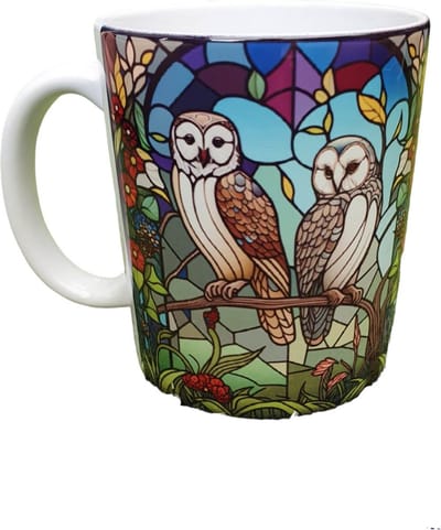 Bedrukte Beker - Uilen - Glas in lood afbeelding - Dieren - Stained-Glass - Verjaardag Geschenk - Moederdag - Vaderdag
