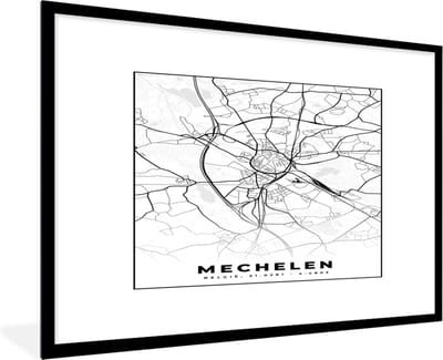 Fotolijst incl. Poster Zwart Wit- België – Mechelen – Stadskaart – Kaart – Zwart Wit – Plattegrond - 120x80 cm - Posterlijst