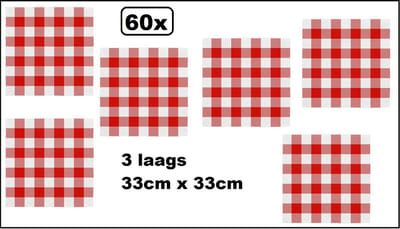 60x Servetten Boerenbont rood/wit 33cm x 33cm - 3 laags - Luxe Servet diner eten knoeien restaurant Oktoberfest geruit rood/wit BBQ thema feest verjaardag feest