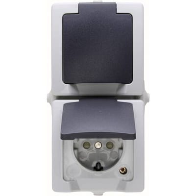 Kopp NAUTIC 2-voudig geaard stopcontact met klapdeksel in grijs - Veilig opbouwstopcontact met verhoogde aanraakbeveiliging - Verticaal IP44 vochtwerend opbouwstopcontact 16A / 250V~
