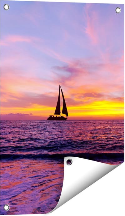Gards Tuinposter Zeilboot Silhouet bij Zonsondergang - 40x60 cm - Tuindoek - Tuindecoratie - Wanddecoratie buiten - Tuinschilderij
