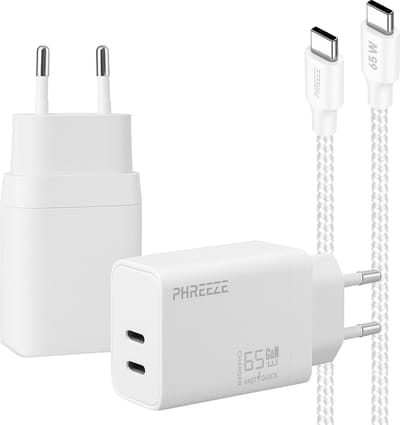 Phreeze usb C snellader 65 W met kabel - Power Delivery oplader met 2 usb C poorten - voor laptop, telefoon & tablet