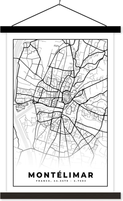Posterhanger incl. Poster 40x60 cm - Schoolplaat - Frankrijk – Plattegrond – Stadskaart – Montélimar - Kaart - Zwart wit - Textielposter - Zwarte latten - Stadskaart