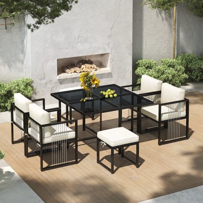 Sweiko Tuin Dining Loungeset - 7-Delig - Glazen Tafelblad - 4 Fauteuils + 2 Krukken - Met Kussens - Beige