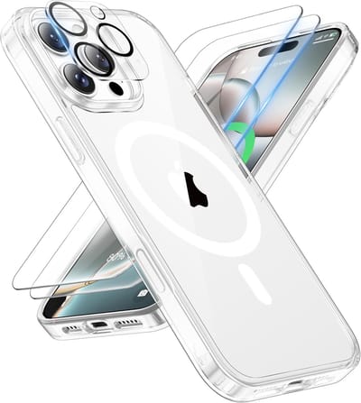 Magnetic Clear Hoesje Geschikt voor: iPhone 16 Pro Max Case [Compatibel met Magsafe] [2x Glazen Screen Protector] [Camera Protector] Schokbestendige Telefoonhoes Cover - Transparant