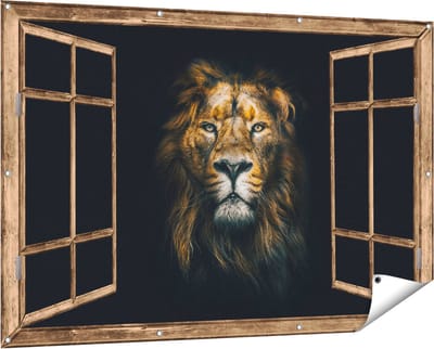 Gards Tuinposter Doorkijk Leeuw - Leeuwenkop - Kleur - 150x100 cm - Tuindoek - Tuindecoratie - Wanddecoratie buiten - Tuinschilderij
